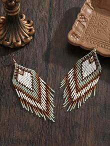 1 Pair Women's Fashion Bohemian Tassel Earrings, Vintage Green Geometric Heart Pattern, Long Tassel Swinging Glass Seed Bead Handmade Earrings, Suitable For All Seasons, Versatile Daily Wear & Gift