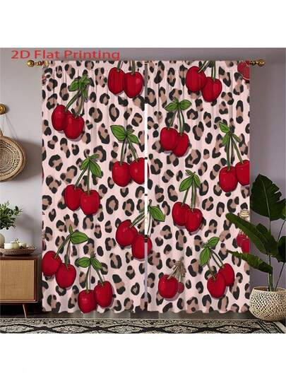 Two-Piece Set, 2D Flat-Print Cherry Leopard Print Curtains, Velvet Fabric, Suitable For Living Room, Bedroom, Study, Kitchen, And Patio Decoration; Classic Design; Durable Fabric.