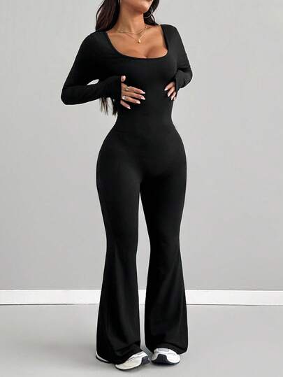 Mono de mujer AITYI Studio, bien ajustado, de unicolor con cuello en U casual, de moda, sexy, cómodo, de corte ceñido, adecuado para exteriores, calle, viajes, deportes, versátil, graduación, Año Nuevo, Día de San Valentín, otoño/invierno, mono de punto elástico de manga larga con pierna acampanada