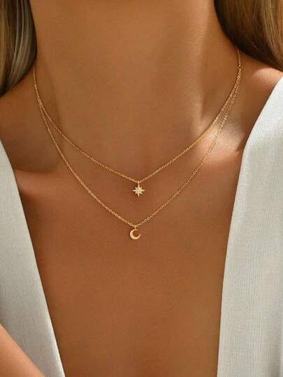 1pc Exquisite Double Layered Star And Moon Necklace Ladies Jewelry For Women S925 Sterling Silver Light Luxury Clavicle Necklace Fine Jewelry Gifts For Girls Daily Life Dating Decor