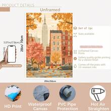 Imprimeu artistic pe pânză cu orizont de toamnă vintage din New York City, 1 buc - Poster decorativ de perete plat, neînrămat, cu frunziș de toamnă și nuanțe calde de portocaliu, pentru sufragerie, dormitor, birou - Ziua Recunoștinței, Halloween, idee de cadou de Crăciun, decor de perete metalic, decorațiuni pentru cameră, artă murală pe pânză mare, artă murală din tablă, decorațiuni pentru casă, cumpărători de sărbători, decoratori de casă, 2D plat, perfect pentru decorul camerei