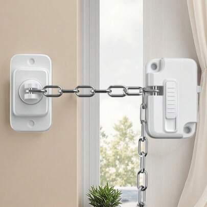 1pc No-Drill Window Safety Chain Lock, Metal & Plastic Anti-Fall Security Latch, Suitable For Sliding Doors/Windows, High-Rise Building Safety Devices, Refrigerator & Cabinet Locks