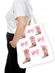 Geantă tote cu imprimeu față-verso cu model de pisică cowboy și fundă roz și cizme de cowboy, geantă de cumpărături cu model Western Cowboy Academy, geantă de cumpărături în stil Boho Academy, cadouri de Ziua Recunoștinței și Paște de toamnă, potrivită pentru uz zilnic, picnicuri și vacanțe la plajă, serviciu, școală, cadouri, 16in * 14in