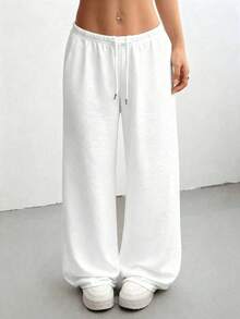 Women's Casual Solid Color Drawstring Waist Sports Pants - White - View 2