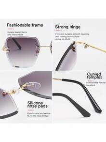 Fashion Rimless Women's  Y2K Gradient Color Cut Lenses Retro Hollow Metal Frame Women's Travel Vacation - 漸變灰色 - 查看 8