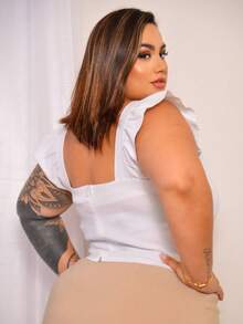 Women's Summer Plus Size Cropped Blouse With Ruffled Sleeves, Button Detail, Back Zipper, Curve Look, Sizes 44 To 54 - Blanco - Ver 2