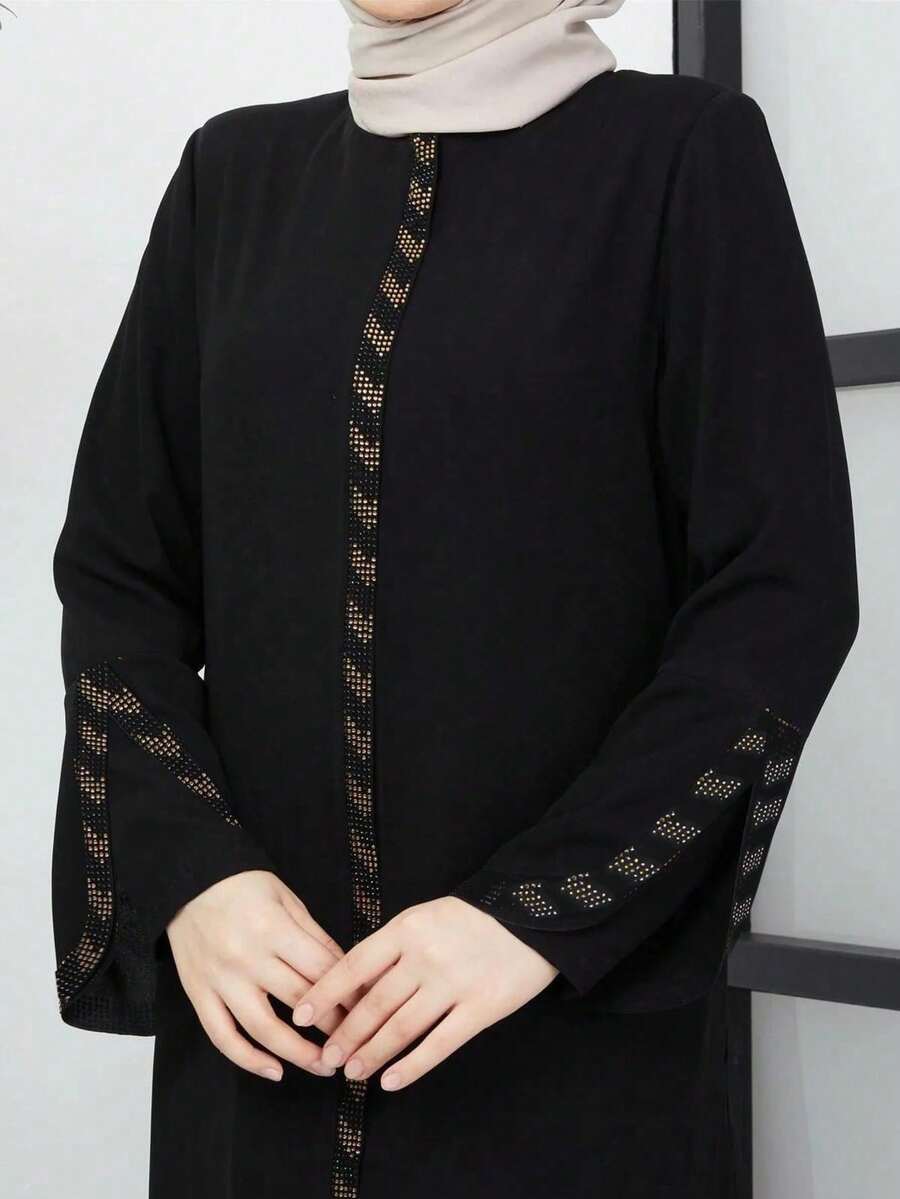 Vestido Longo Elegante Estilo Europeu e do Oriente Médio para Mulheres, Robe Preta com Zíper, Manga Longa Luxuosa Abaya Jalabiya com Aplicações de Strass