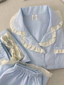 2025 New Women'S 3pcs Pajama Set - Cute Cartoon Sweet Style, Short Sleeve, Long Pants & Shorts, Casual Button-Up Homewear, Polyester Blend, Perfect For Adult, Adult Homewear | Playful Design | Polyester Blend - 天藍色 - 查看 3