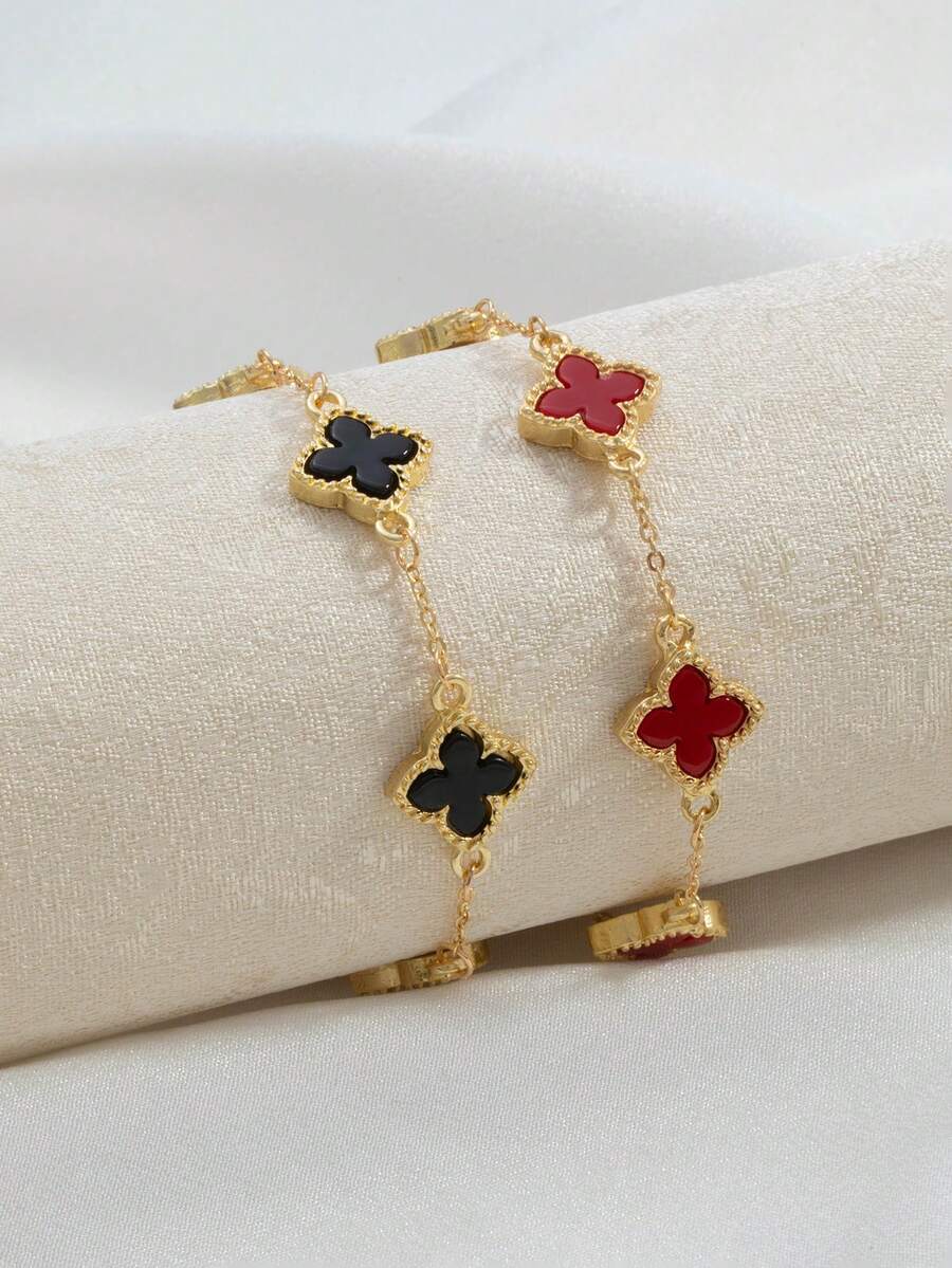 Set de 2 pulseras clásicas con trébol de cuatro hojas de la suerte en negro, blanco, verde y rojo - Rojo y Negro 1 - Ver 1