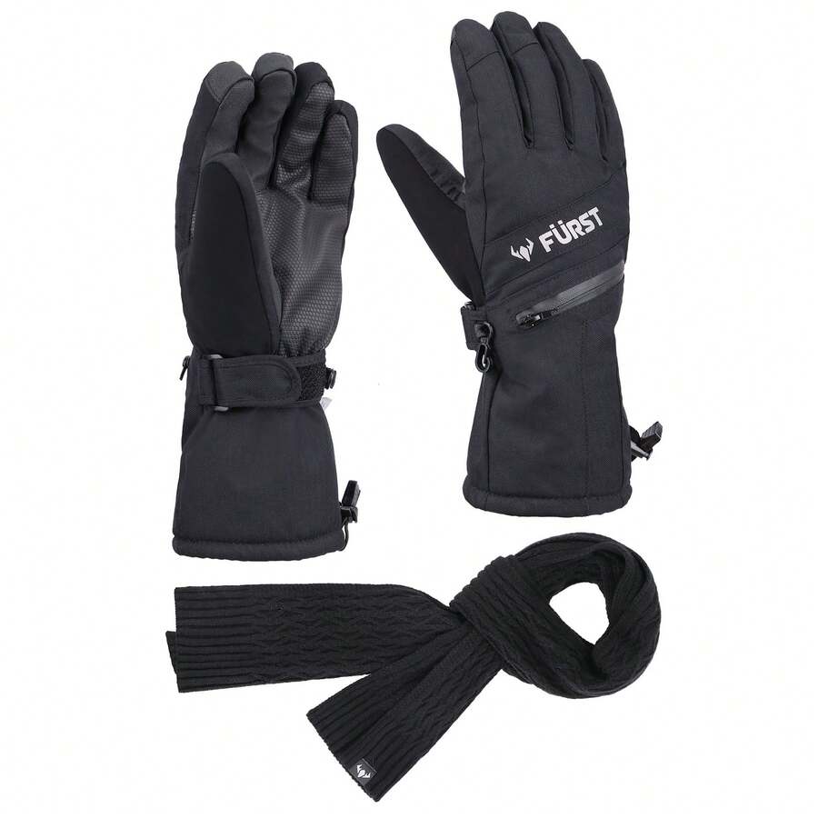 Waterproof Ski Gloves Set, Touchscreen Thermal, Men/Unisex, Scarf Included - Black Gloves + Black Scarf - View 1