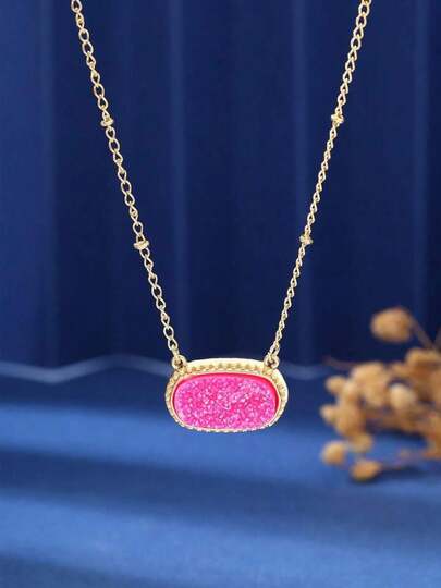 1pc Oval Design Pendant Necklace, Copper, Fashionable Everyday Wear For Women