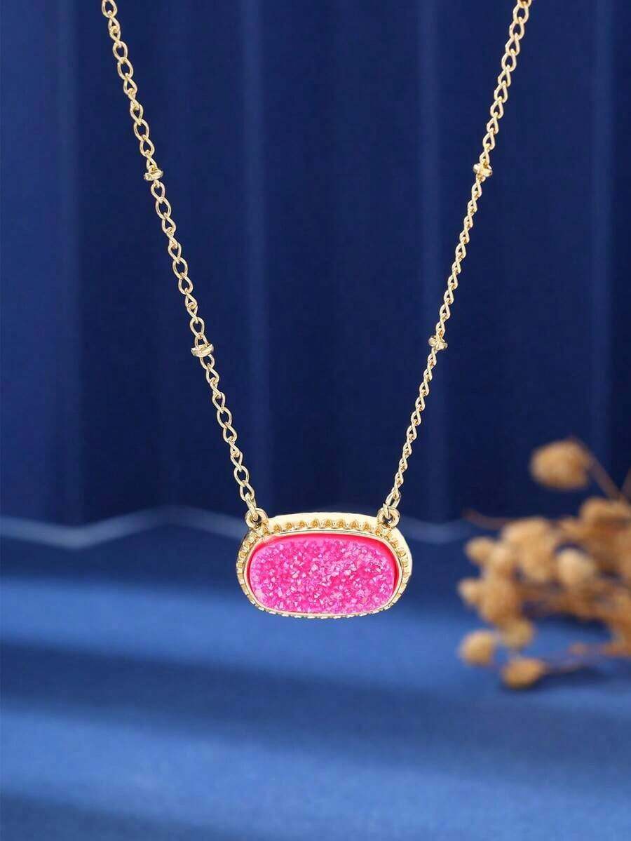 [Lowest Price In 30 Days]1pc Oval Design Pendant Necklace, Copper, Fashionable Everyday Wear Women - Bột vàng - Xem 1