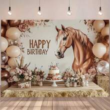 一款马主题生日派对背景布，优雅的马主题生日派对装饰，营造喜庆的生日氛围，以马、气球和蛋糕设计为特色，非常适合生日、拍照/直播、蛋糕桌装饰以及家居花园、客厅和卧室装饰。 - 彩色 - 查看 4