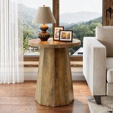 Tribesigns Farmhouse Round End Table, Wooden Couch Side Table With Octagonal Base, Rustic Brown Nightstand Pedestal Accent Furniture For Living Room, Bedroom - 棕色 - 查看 10