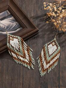 1 Pair Women's Fashion Bohemian Tassel Earrings, Vintage Green Geometric Heart Pattern, Long Tassel Swinging Glass Seed Bead Handmade Earrings, Suitable For All Seasons, Versatile Daily Wear & Gift