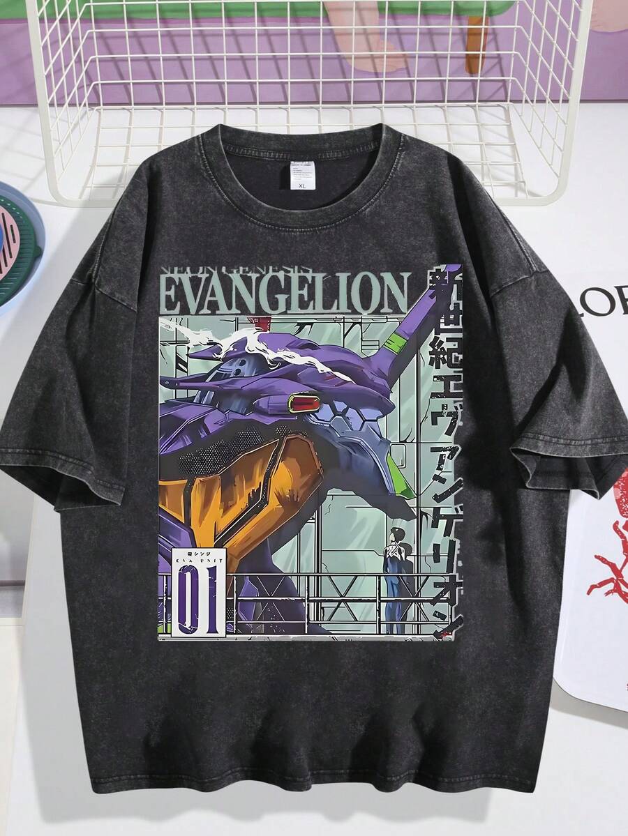 Washed T-Shirt Men | Retro Anime Graphic | 90s Oversized Short Sleeve - 黑色 - 查看 1