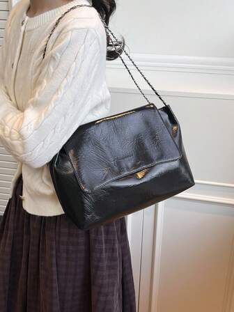 大容量通勤手提包，新款时尚单肩链条包，纯色复古百搭斜挎包