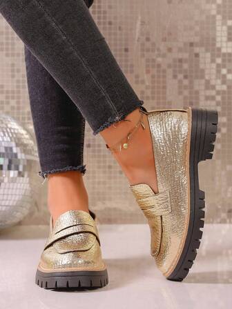 舒适女士平底乐福鞋，圆头设计，纯色厚底套脚鞋，镂空装饰，适合所有季节