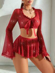 3pcs Set: Lace Trim Heart Neck Long Sleeve Top With Bow Tie + Lace Trim Skirt + Thong Panty - Burgundy - View 4