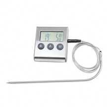 PromoClick Termómetro digital de cocina con temporizador, alarma y sonda de acero inoxidable ideal para medir la temperatura de carnes, alimentos y líquidos con precisión , Cuenta con pantalla digital fácil de leer, botón para cambiar entre °C y °F, y aguja de acero inoxidable con cable resistente al calor, perfecta para usar en hornos o parrillas - Plateado - Ver 7