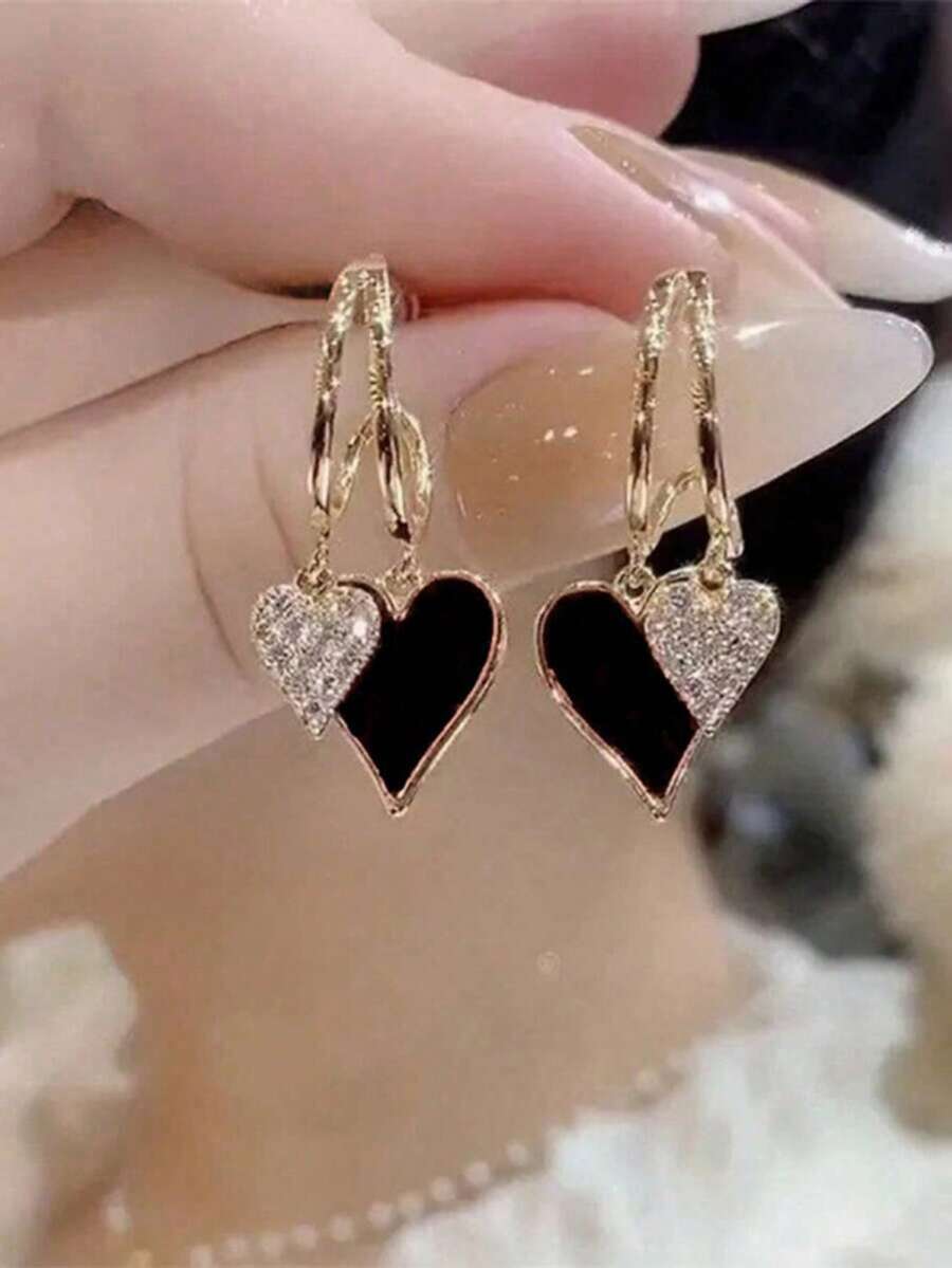 1 Pair Elegant Heart Shaped Pendant Earrings - Unique Minimalist Design For Women, Suitable As Valentine's Day Gift - Black - View 1