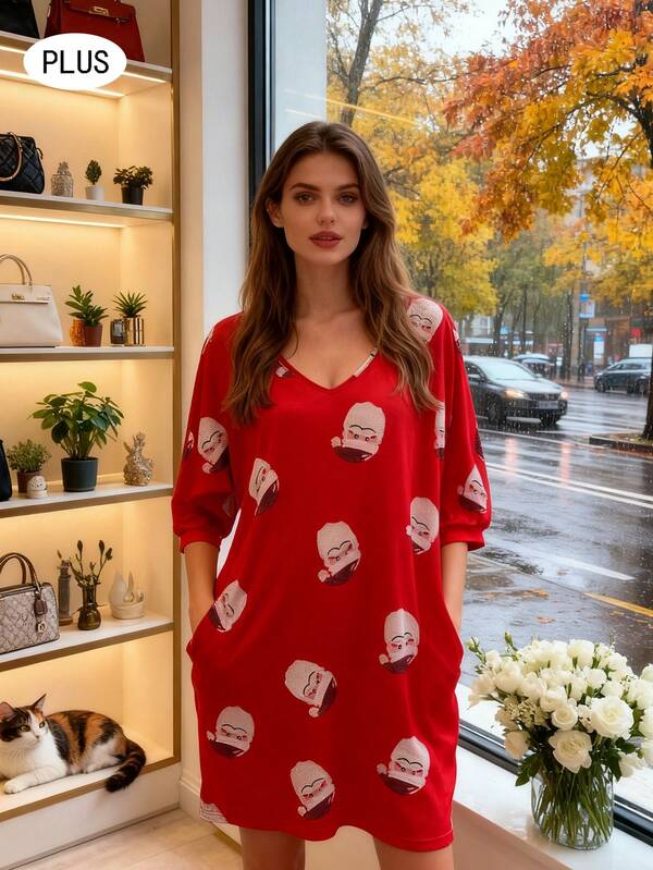 1pc Christmas Portrait Knit Fabric Holiday & Casual Dress, Autumn