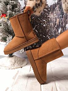 Fall/Winter Women's Boots, New Western Mid-Calf Boots, Fashion Versatile Warm Mid-Calf Boots, Soft Bottom Boots, Round Toe Short Boots,Fur Boots - Brown - View 3