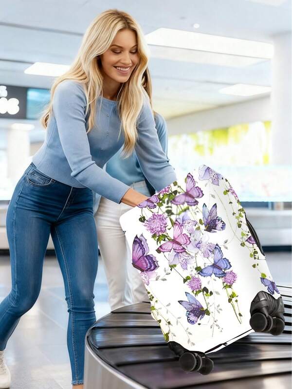 Funda de equipaje de viaje con estampado de mariposas y flores en degradado de morado y rosa - Elegante, ligera, a prueba de polvo y resistente al agua - Fácil de limpiar e instalar, con diseño de hebilla y cremallera para una mejor protección, agrega color a tu equipaje en el aeropuerto, accesorio a juego para estudiantes de vuelta a la escuela y viajes