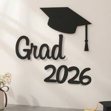 مجموعة ديكور لحفل التخرج 2025، قبعة سوداء وحروف مصنوعة من الشعر الاصطناعي للديكور على خلفية الحائط - الأسود - مشاهدة 6