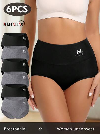 MEIYATING 6pcs Mid-Waist Women's Cotton Briefs, Comfortable Fit, Solid Color