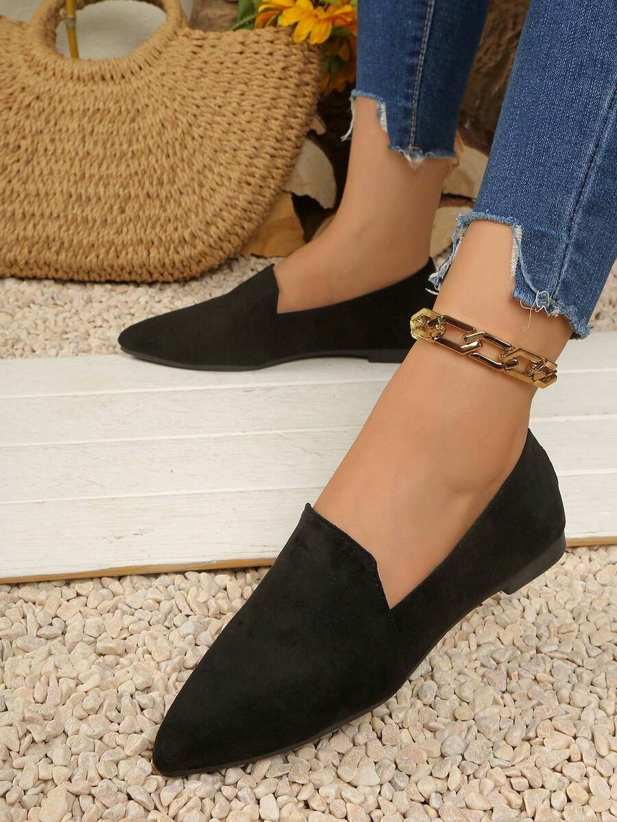 Mocasines planos de punta negros para mujer, zapatos planos de moda clásicos tipo slip-on, zapatos casuales para el hogar, todo el año, oficina, escuela, exterior, fiesta, versátiles - Negro - Ver 1