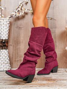 Women's Autumn/Winter New Velvet Pleated Slouchy Tall Boots, Vintage Pointed Toe Chunky Heel High Heel Shaft Boots, Burgundy Cool Fashion Boots, High Heel Chunky Heel Fashion Punk Style Chelsea Boots, Outdoor Casual Fashion Boots - Burgundy - View 8