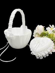 三件套婚礼配饰：白色缎面蕾丝蝴蝶结花篮+戒指枕+吊袜带，优雅装饰新娘和花童婚礼仪式 - 彩色 - 查看 16