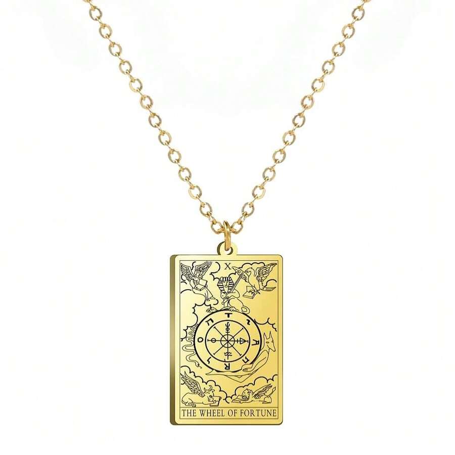 TEAMER Stainless Steel Tarot Cards Necklace Vintage Tarot Jewelry Good Luck Amulet Pendants For Women{Inchcolor_nameinch:InchGold-THEWHEELOFFORTUNEinch} - 黃金-THEWHEELOFFORTUNE - 查看 1