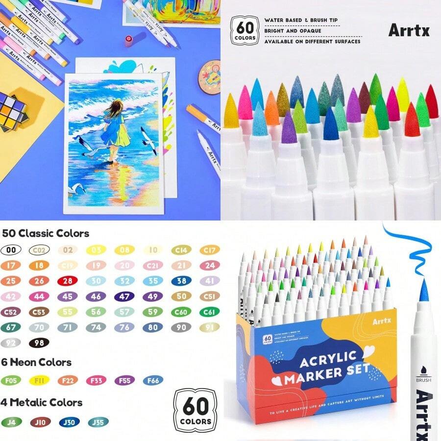 Paint Markers Paint Pens 60 Colors Acrylic Paint Pens Brush Tip For Wood Canvas Stone Rock Painting Glass Ceramic Surfaces DIY Crafts Making Art Supplies60A - Standard60Colors - View 1