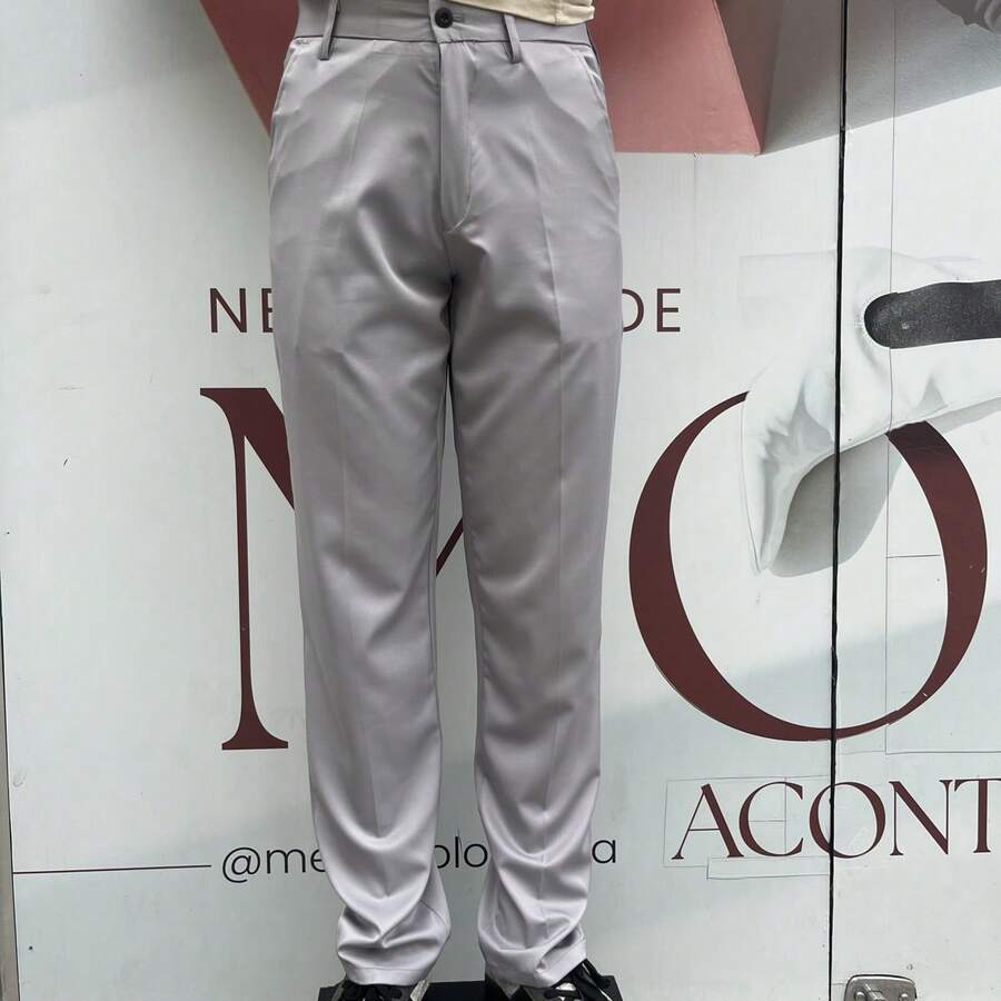 Men's Solid Color Business Suit Trousers With Elastane. - Light Grey - View 1