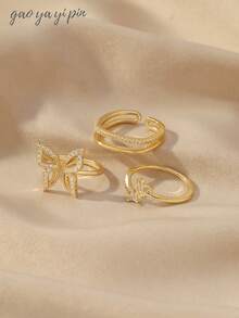 3pcs/Set Fashionable Open Cubic Zirconia Butterfly, Heart & Line Design Ring Set, Personalized INS Style Rings, Multiple Colors Available, Suitable For Women's Daily, Festival, Party Wear Or Gift