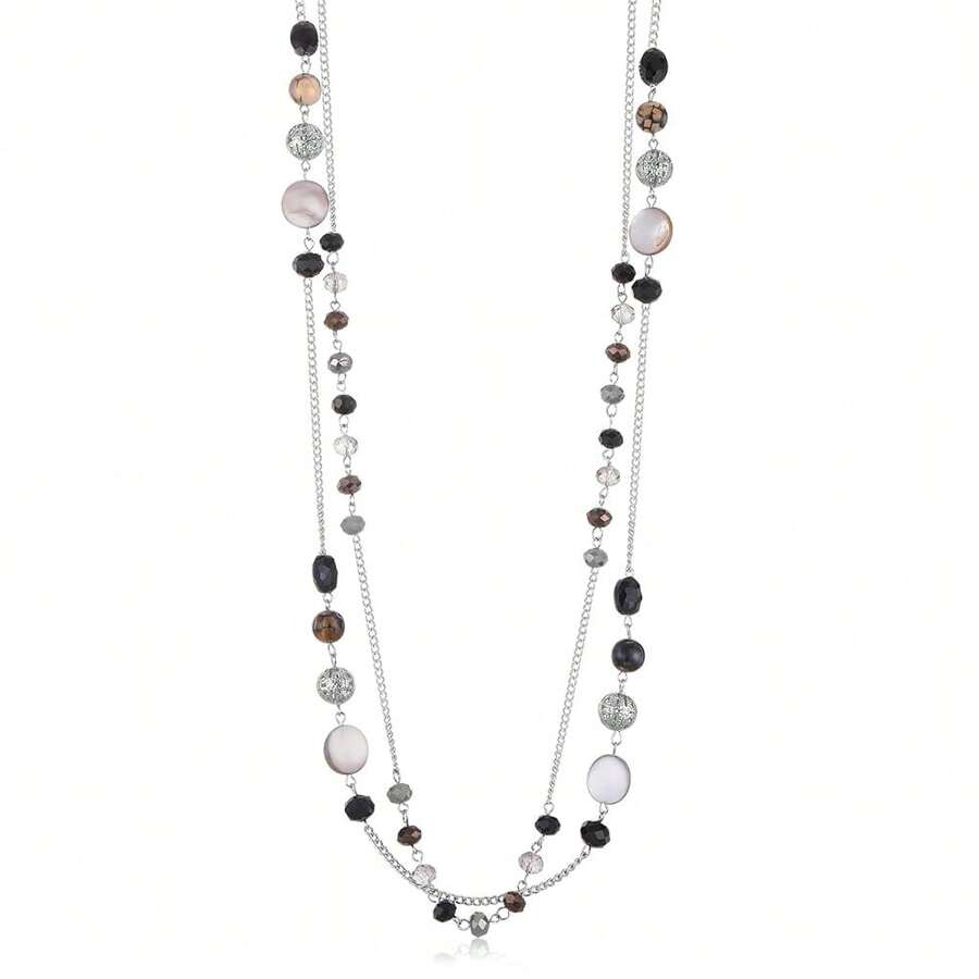 Noessla Layered Long Necklaces For Women Crystal Beaded Statement Necklace Sweater Silver Chain With Gifts Box Jewelry{Inchcolor_nameinch:InchBlackinch} - Hitam - View 1