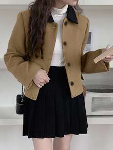 Women's Autumn/Winter Short Contrast Color Collar Overcoat - Khaki - View 4