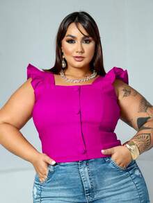 Women's Summer Plus Size Cropped Blouse With Ruffled Sleeves, Button Detail, Back Zipper, Curve Look, Sizes 44 To 54 - Rose Red - View 1