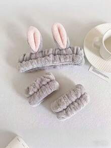 3pcs/Set Cute Rabbit Ears Bathroom Face Washing Set, Soft Plush Cosmetic Headband And Scrunchies, Headband With Ears, Makeup Accessory Set,Face-Washing Tools Are More Effective When Worn In Winter - Multicolor - View 1