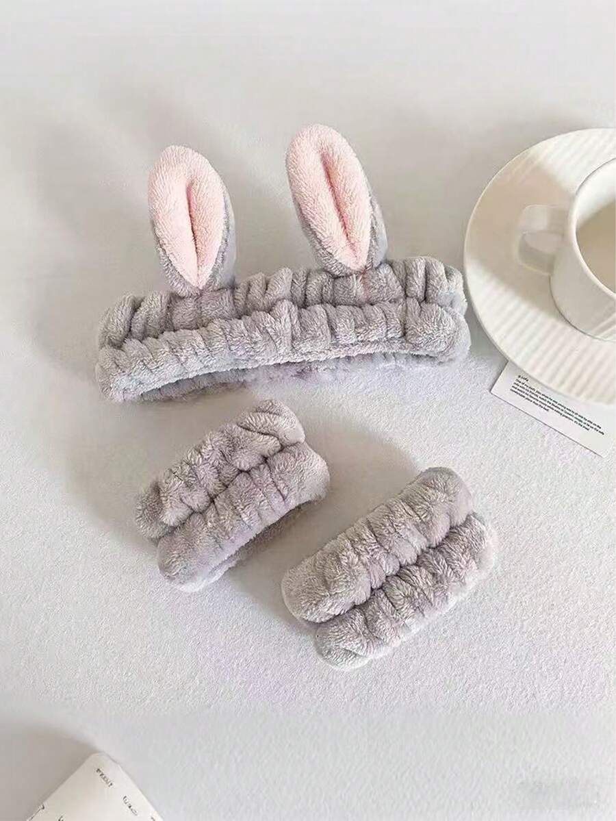 3pcs/Set Cute Rabbit Ears Bathroom Face Washing Set, Soft Plush Cosmetic Headband And Scrunchies, Headband With Ears, Makeup Accessory Set,Face-Washing Tools Are More Effective When Worn In Winter - Multicolor - View 1