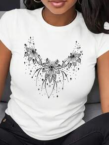 Playera con estampado de Flores Brillantes, ajuste regular cuello redondo manga corta fiesta suave, Moderna - Blanco - Ver 1