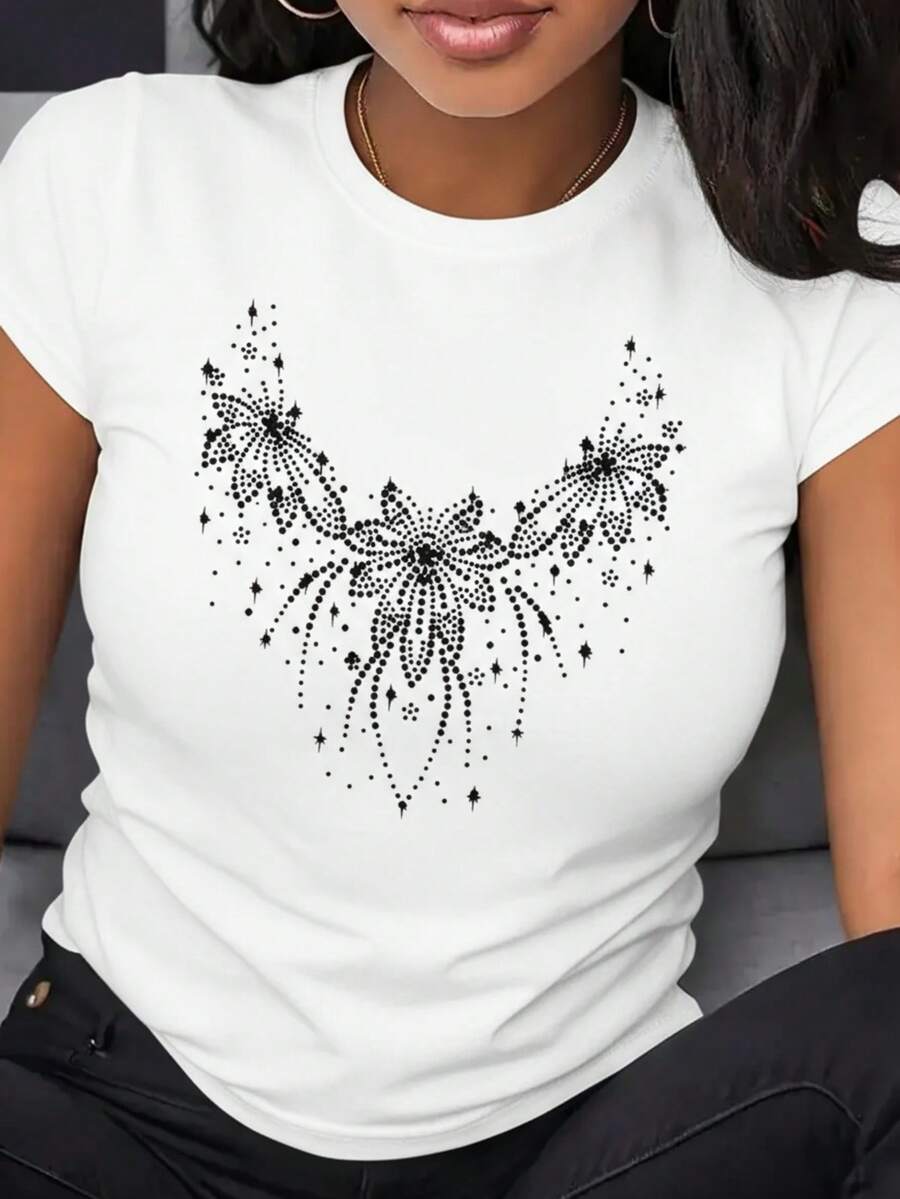 Playera con estampado de Flores Brillantes, ajuste regular cuello redondo manga corta fiesta suave, Moderna - Blanco - Ver 1