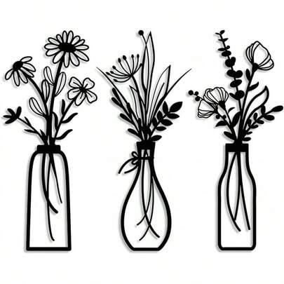 Flores de Metal para Pared 3 Piezas, 35x15 cm Adornos de Pared Metal Flores, Estilo Rustico, Siluetas Florales Minimalistas Modernas, Decoración Hogar para Pared Baño, Cocina, Recamara, Sala-Dorado SBQA