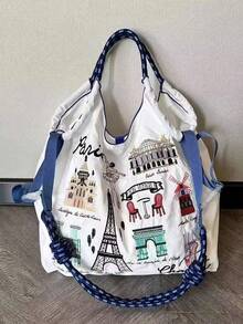 1 pieza Bolsa de almacenamiento de nylon ligera y versátil con patrón bordado de la Torre Eiffel, bolsa de compras plegable para ir al trabajo - Multicolor - Ver 2