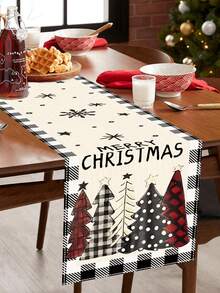 1pc Thick Linen Christmas Table Runner, Grey Black Grid Edge Christmas Tree Design Tablecloth, Durable Linen Table Flags, Table Cover Perfect Decoration For Family Christmas Party Room Table Home Decor 2026 New Year Decoration Supplies, Xmas Decoration, Christmas Gift, Christmas Ornaments