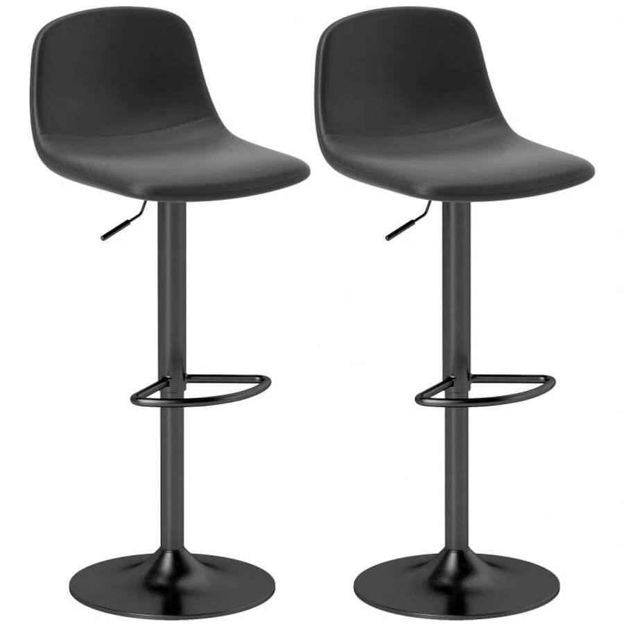 HOMCOM Set Of 2 Bar Stools, Height Adjustable, Swivel Stool With Backrest And Footrest, Non-Slip Stool, Faux Leather, Black - 1 - 查看 1