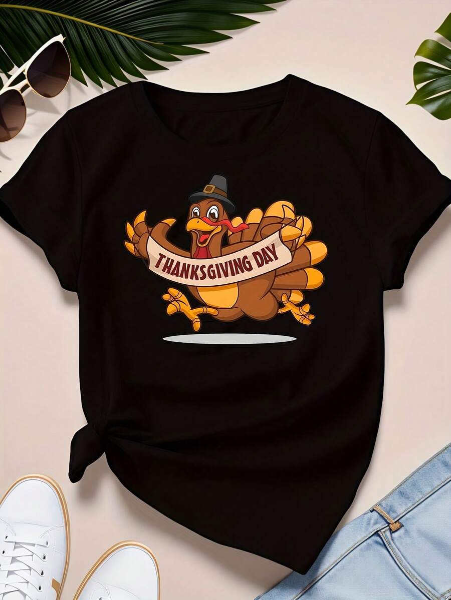 Thanksgiving Day (13) 1 Pcs Women's Plus Size T-Shirt Funny Oversized Graphic Short Sleeve Tee Novelty 100% Polyester Shirt Casual Crew Neck Top 220g - Black - View 1