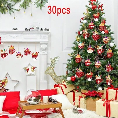 30pcs Hot Cocoa Christmas Tree Ornaments Cute Mug Wooden Ornaments Hanging Decorations For Home